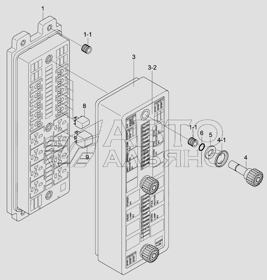 Блок предохранителей на экскаватор хендай 520 FUSE BOX R140W-9S (Чертеж № 27: список деталей, стоимость запчастей). Каталог 20