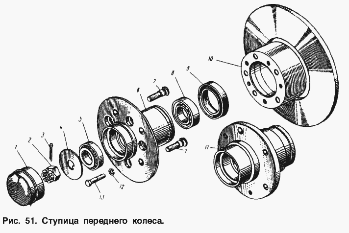 Ступица переднего колеса Москвич-2140 (Чертеж № 101: список деталей,  стоимость запчастей). Каталог 1977г.