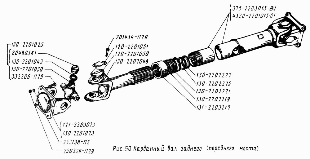 Карданный вал заднего (переднего моста) УРАЛ-4320 (Чертеж № 51: список  деталей, стоимость запчастей)