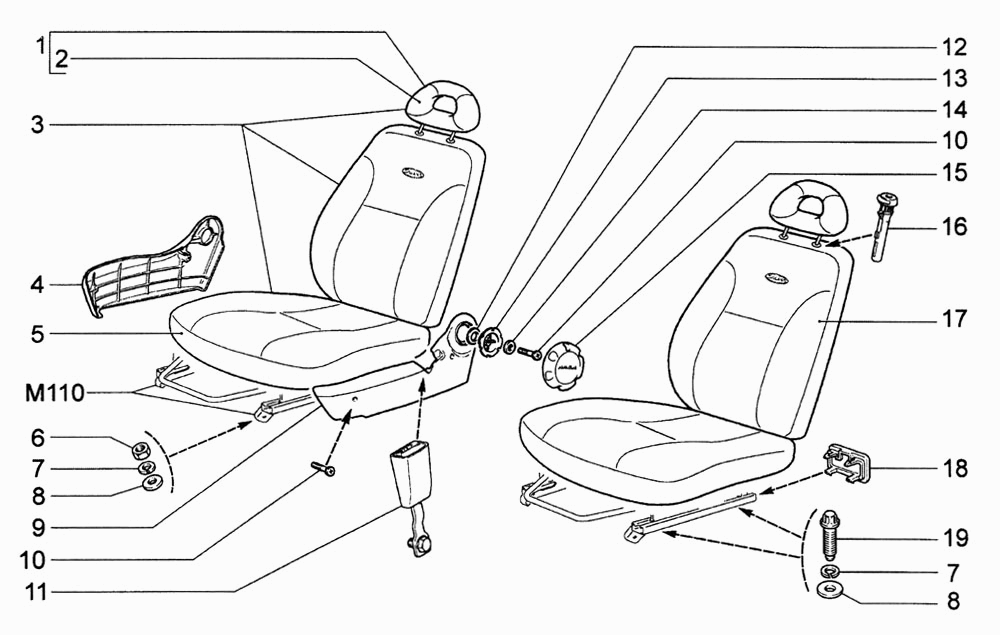 Сиденья передние ВАЗ-1118 (LADA Kalina) (Чертеж № 28: список деталей .