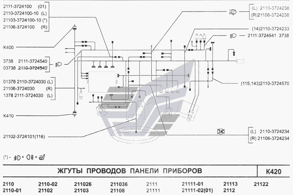 Жгуты проводов панели приборов ВАЗ-2110 (Чертеж № 228: список деталей,  стоимость запчастей). Каталог 2007г.