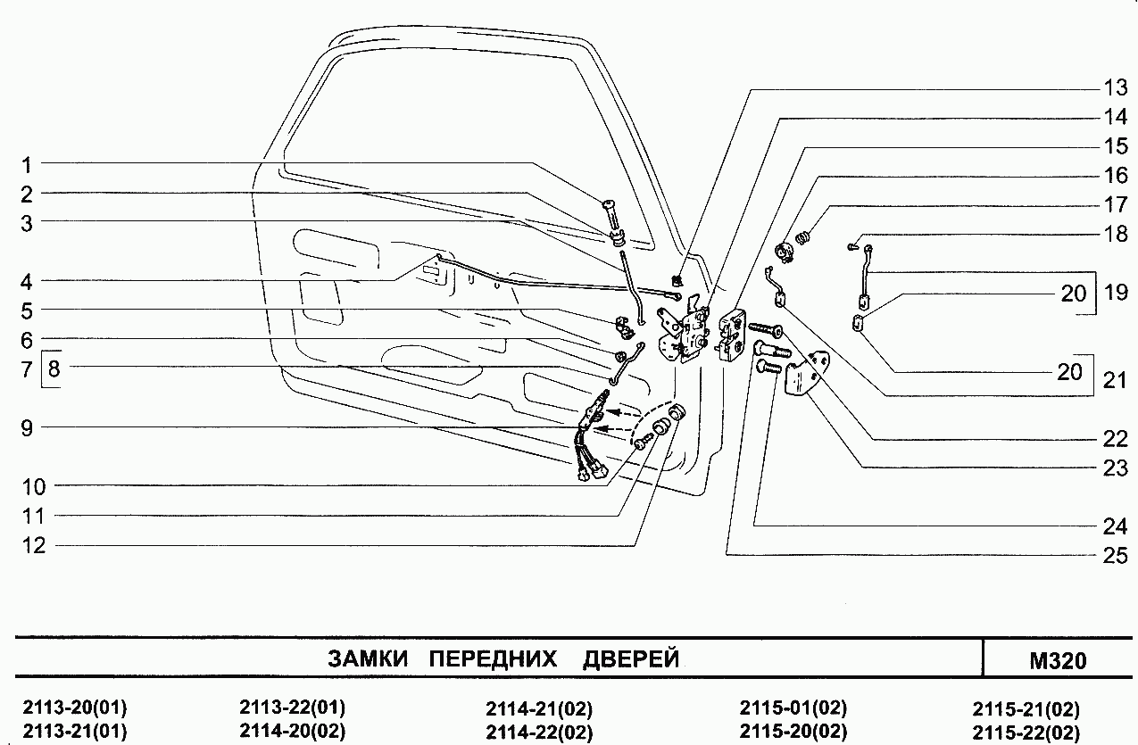 Замки Передних Дверей ВАЗ-2115 (Чертеж № 33: Список Деталей.