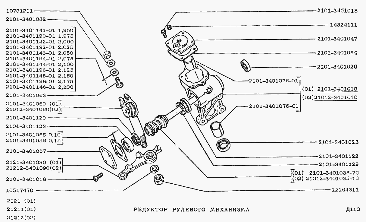 Редуктор рулевого механизма ВАЗ-2121 (NIVA) (Чертеж № 100: список деталей,  стоимость запчастей)