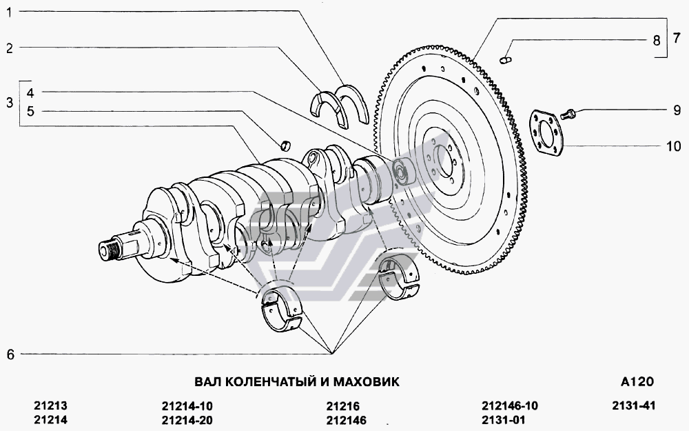 Где находится маховик ваз Вал коленчатый и маховик ВАЗ-21213-214i (NIVA) (Чертеж № 65: список деталей, сто