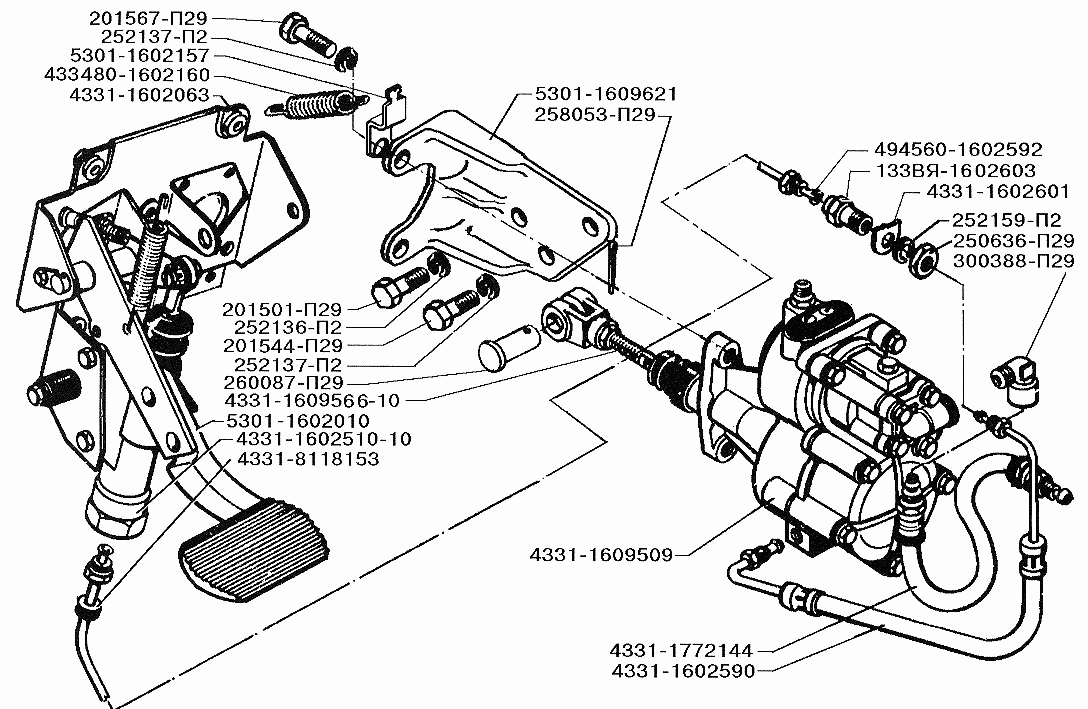 Педаль и привод управления сцеплением ЗИЛ-433360 (Чертеж № 54: список деталей, с
