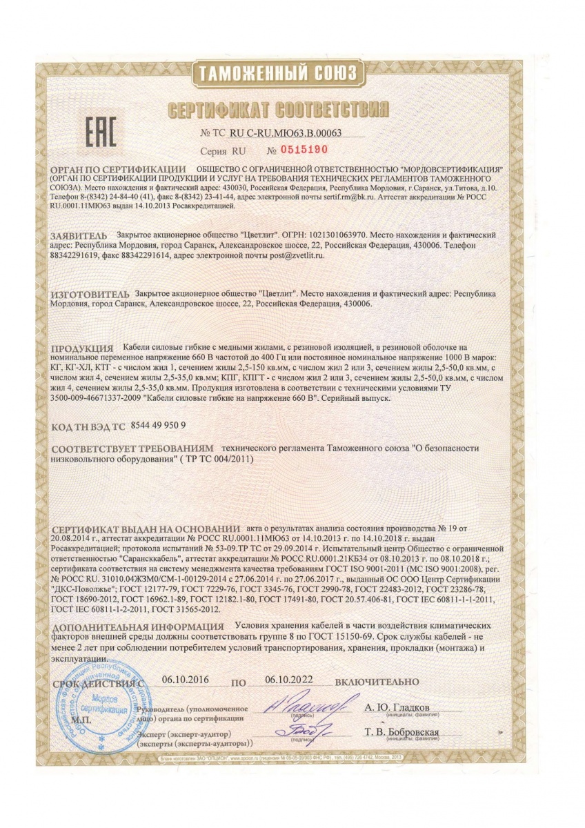 Кабель гибкий (1х10 кв.мм) 1м ЦВЕТЛИТ - КГ-ХЛ 1х10 - купить в ...