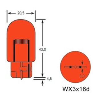 Изображение 2, 4631111142912 Лампа 12V WY21W W3x16q 285лм желтая Amber TESLAFT (Россия)