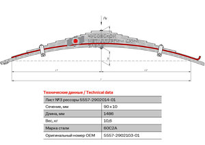 Изображение 1, 5557-2902103-01 Лист рессоры УРАЛ-5557 передней №3 L=1486мм ЧМЗ