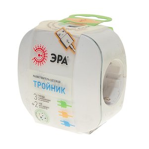 Изображение 1, SP-3e-USB Тройник сетевой 3 гнезда + 2 USB 1A с заземлениемм белый ЭРА
