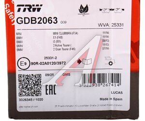 Изображение 8, GDB2063 Колодки тормозные BMW 2 (F45, F46) задние (4шт.) TRW