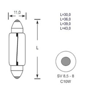 Изображение 2, 4631111143216 Лампа 12V C10W SV8.5-8 39мм 110лм TESLAFT (Россия)