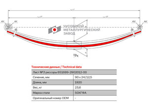 Изображение 1, 6516B9-2902103 Лист рессоры МАЗ-6516 передней №3 L=1920мм ЧМЗ