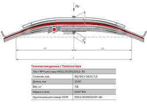 Изображение 1, 9911.002912104-20 Лист рессоры ЧМЗАП-9911 задней №4 прицепа L=1100мм ЧМЗ