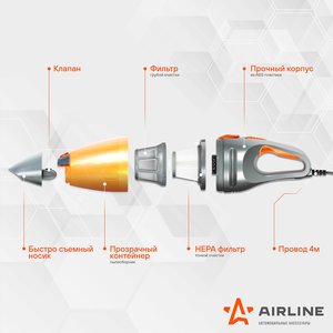 Изображение 12, VCA-03 Пылесос автомобильный 12V 150W в прикуриватель (4 насадки) AIRLINE