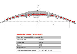 Изображение 1, 500А-2902103-Б Лист рессоры МАЗ-500А передней №3 L=1526мм ЧМЗ