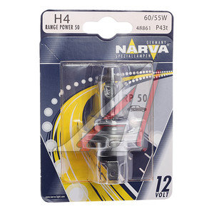 Изображение 2, 488614000 Лампа 12V H4 60/55W P43t-38 +50% блистер (1шт.) Range Power 50+ NARVA