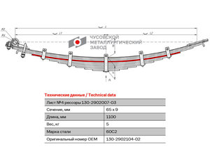 Изображение 1, 130-2902104-21 Лист рессоры ЗИЛ-130Д передней №4 L=1100мм ЧМЗ