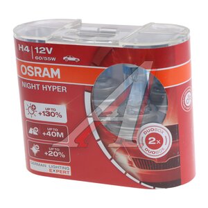 Изображение 1, 64193NH-HCB Лампа 12V H4 60/55W P43t-38 +130% евробокс (2шт.) Night Hyper OSRAM