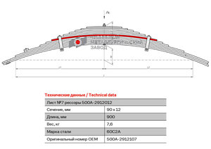 Изображение 1, 500А-2912107 Лист рессоры МАЗ-500 задней №7 L=900мм ЧМЗ