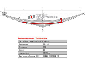 Изображение 1, 65115-2902051-20 Лист рессоры КАМАЗ-43118, 65115 передней №6 с хомутами L=990мм ЧМЗ