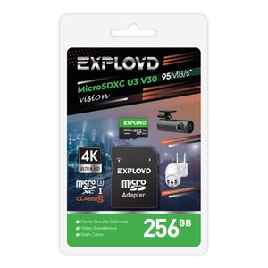 Изображение 1, EX256GCSDXC10-U3-V30 Карта памяти 256GB MicroSD class 10 + SD адаптер EXPLOYD