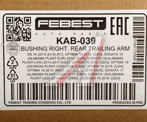 Изображение 5, KAB-039 Сайлентблок KIA Optima (16-) рычага заднего продольного правого FEBEST