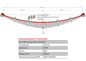 Изображение 1, 695Е-2912074 Лист рессоры ЛАЗ-695 задней №1 L=1798мм ЧМЗ