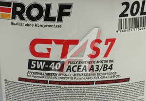 Изображение 3, 322456 Масло моторное GT A3/B4 5W40 синт.20л ROLF