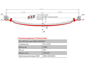 Изображение 1, 3962-2902050 Лист рессоры УАЗ-3962 передней №3 с хомутом L=1300мм ЧМЗ