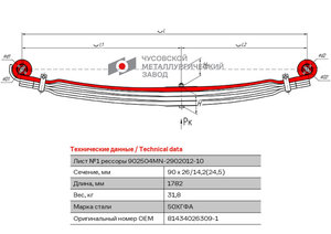 Изображение 1, 902504MN-2902101-10 Лист рессоры MAN H36, 40 передней №1 (4 листа) L=1782мм ЧМЗ