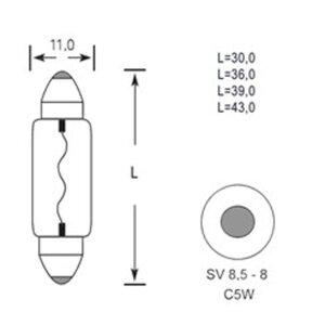 Изображение 2, 4631111143124 Лампа 24V C5W SV8.5-8 36мм 45лм TESLAFT (Россия)