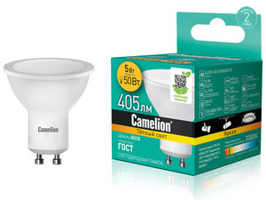 Изображение 1, LED5-GU10/830/GU10 Лампа светодиодная GU10 5W (50W) 220V теплый Ultra CAMELION