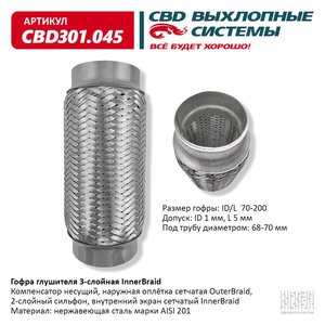 Изображение 1, CBD301.045 Гофра глушителя 70х200 в 3-ой оплетке CBD