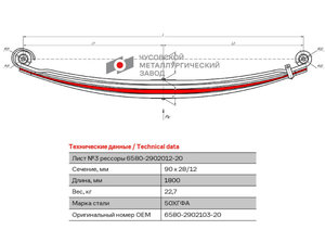 Изображение 1, 6580-2902103-20 Лист рессоры КАМАЗ-6580 передней №3 L=1800мм ЧМЗ