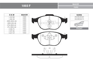 Изображение 3, 1003F Колодки тормозные FORD Focus, Tourneo, Transit передние (4шт.) GOODWILL