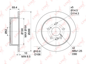 Изображение 1, BN1143 Диск тормозной LEXUS RX300 (03-08) задний (1шт.) LYNX