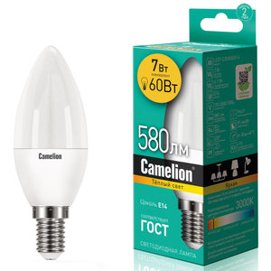 Изображение 1, LED7-C35/830/E14 Лампа светодиодная E14 С35 7W (60W) 220V теплый Ultra CAMELION