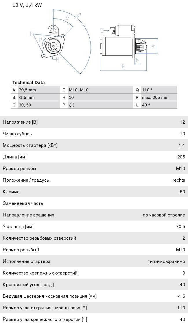 Стартер FORD Kuga (08-13) 12В 1.4кВт BOSCH