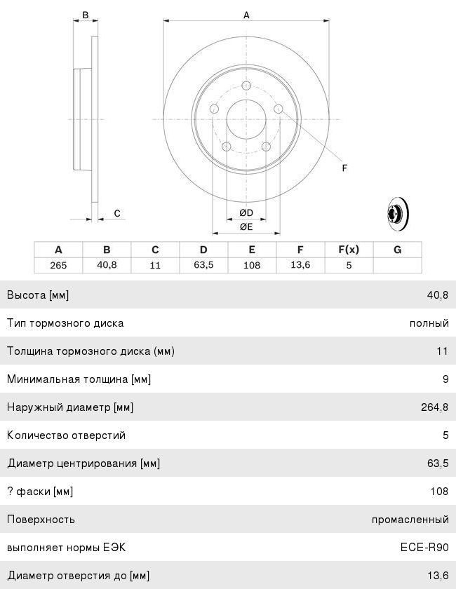 Диск тормозной FORD Focus (05-) задний (1шт.) BOSCH