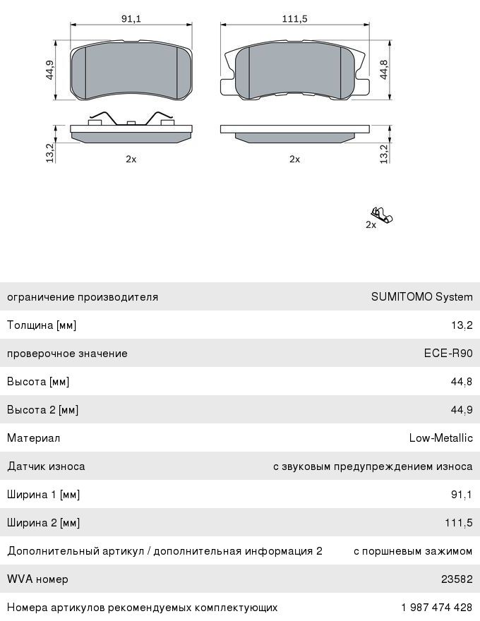 Колодки тормозные MITSUBISHI ASX, Outlander (06-), Pajero (00-) задние (4шт.) BOSCH