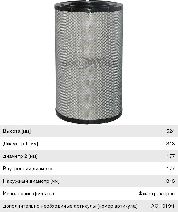 Фильтр воздушный КАМАЗ-ЕВРО-3 в сборе GOODWILL - AG-1019 - купить в ...