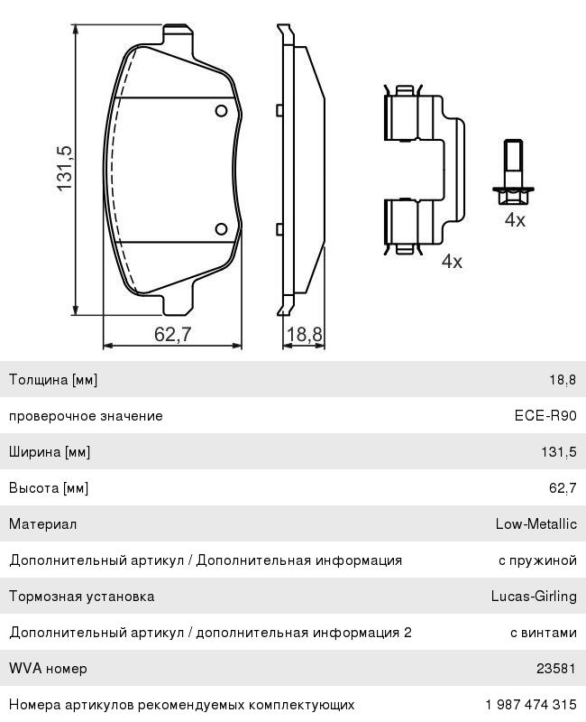Колодки тормозные VW Polo (1.41.9) SKODA Fabia, Roomster (01-) передние (4шт.) BOSCH