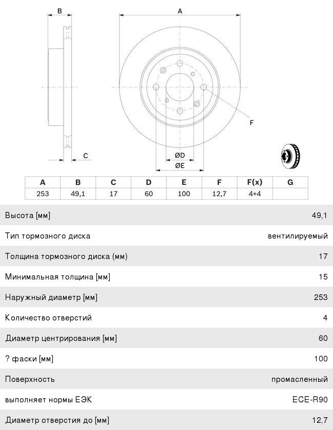 Диск тормозной OPEL Agila (03-) SUZUKI Ignis 2 (03-), Wagon R+ (00-) передний (1шт.) BOSCH