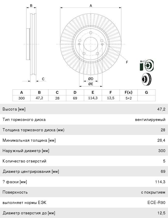 Диск тормозной HYUNDAI ix35, Sonata NF, i40 KIA Sportage (10-) передний (1шт.) BOSCH