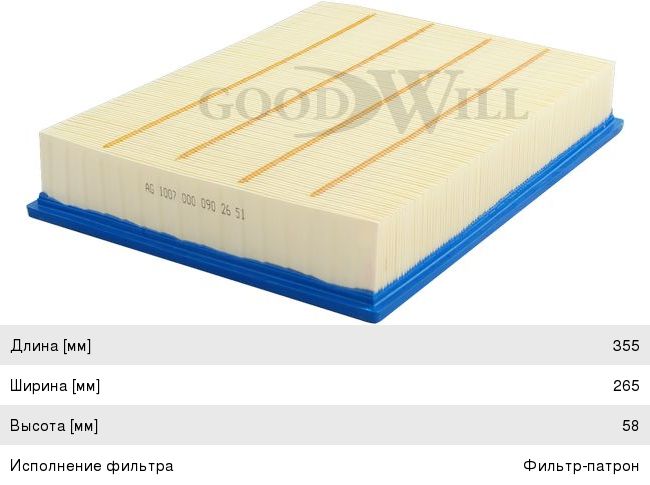 Изображение 1, AG1007 Фильтр воздушный MERCEDES Sprinter 2 GOOD WILL