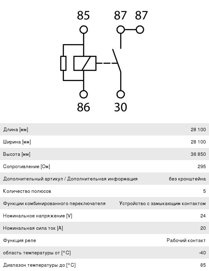 Реле электромагнитное 24V 5-ти контактное (20A) с сопротивлением BOSCH