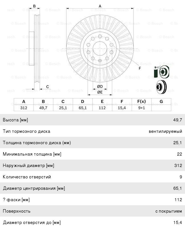 Диск тормозной VW Passat (05-) передний (1шт.) BOSCH