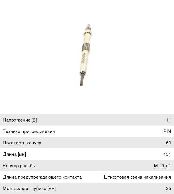 Свеча накаливания SSANGYONG Actyon (06-), Kyron (05-), Actyon Sports (06-), Rexton (03-) (D2027) BOSCH