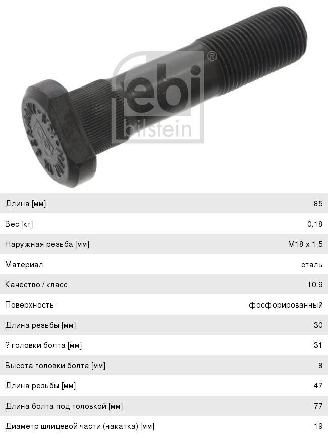 Изображение 1, 04574 Шпилька колеса MAN (M18х1.5х77) с шлицами FEBI