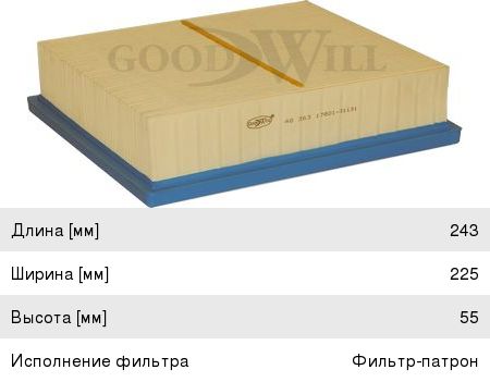 Изображение 1, AG363 Фильтр воздушный TOYOTA Camry (11-) (3.5) GOODWILL